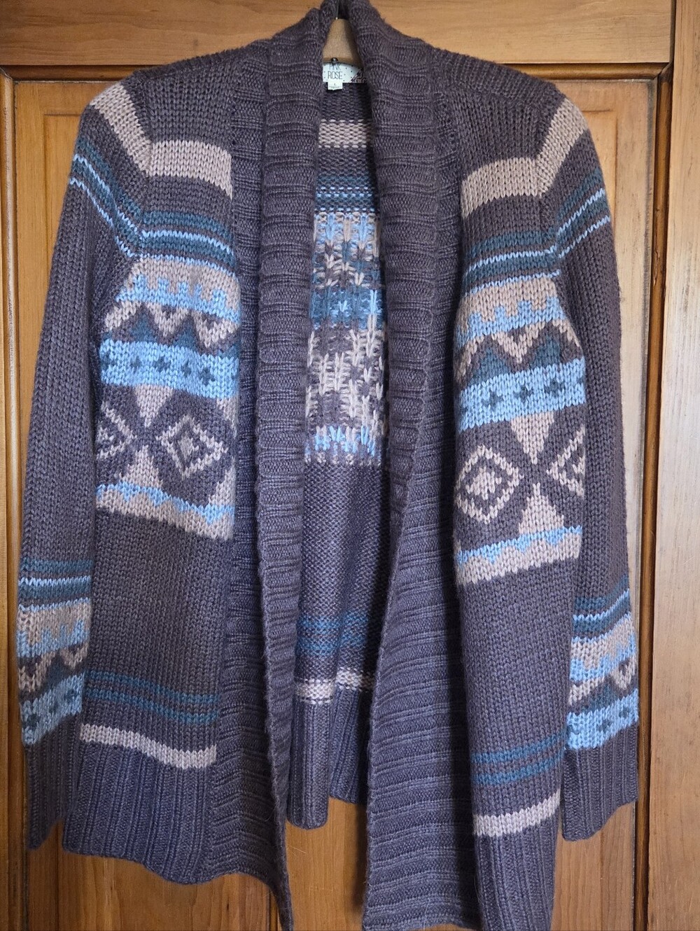 Pink Rose Gray Fair Isle Open-Front Cardigan with Blue Accents